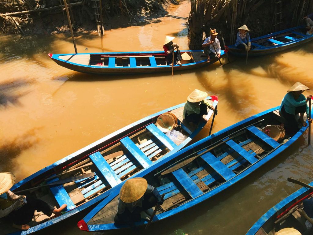 Golden sunset over a Mekong Delta waterway near Tra Su